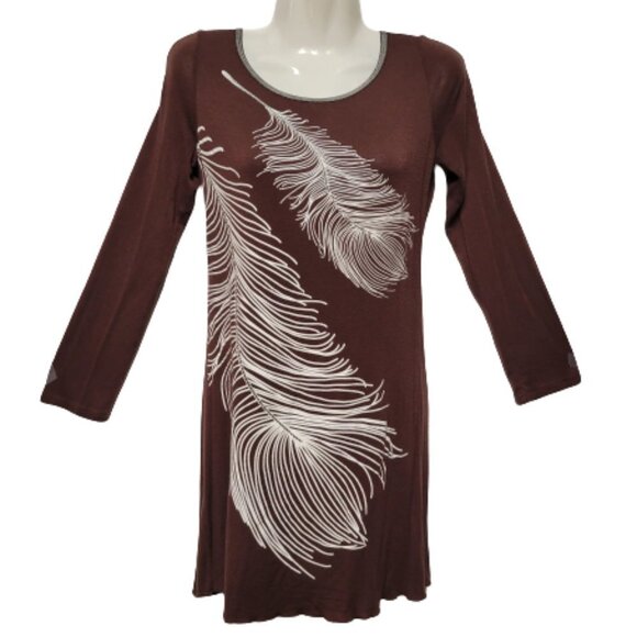 Long Sleeve Brown Mini Dress Tunic Top  Sequin Embellished White Feather Motif - Picture 1 of 7